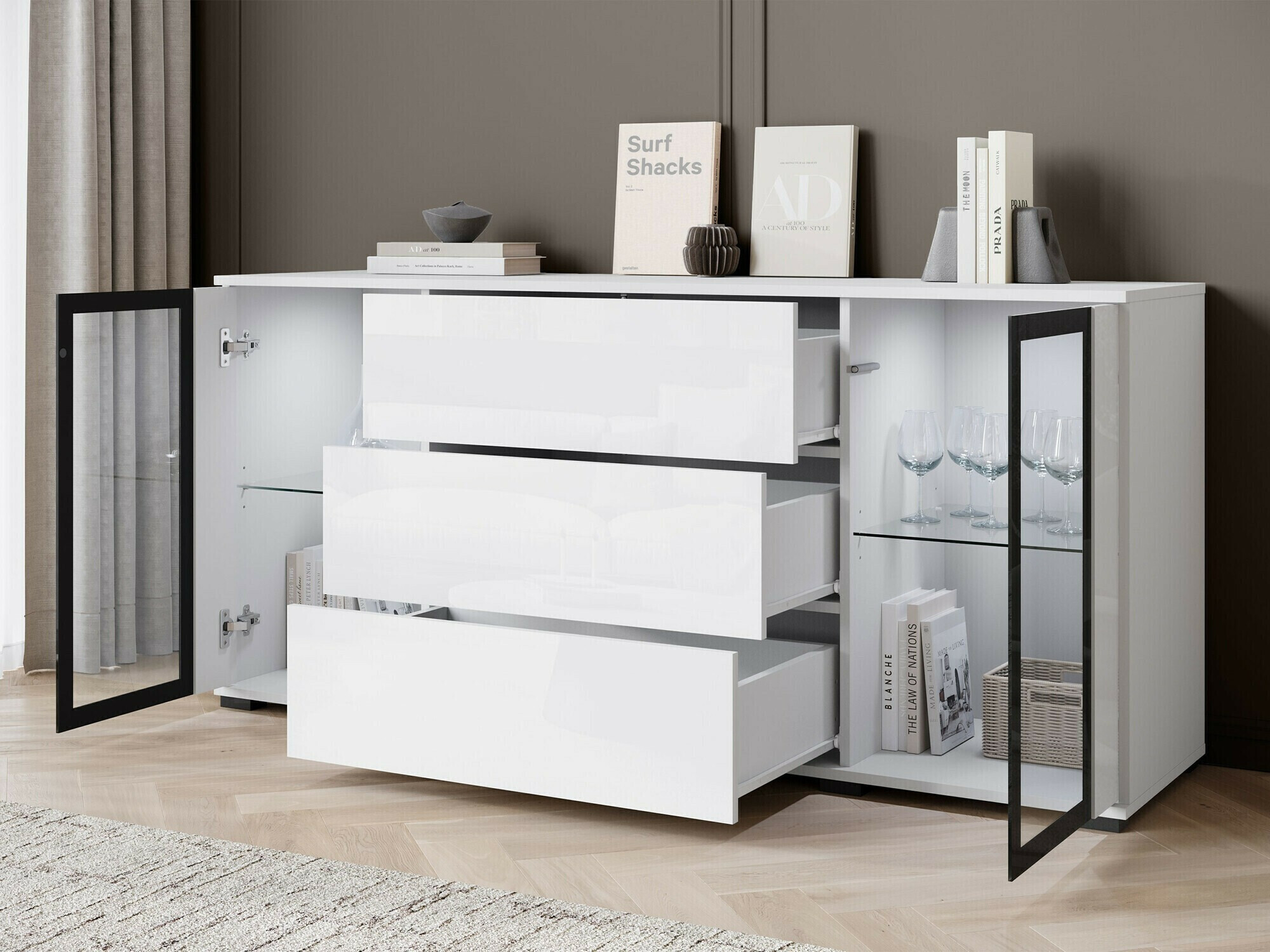 Komoda Torcame 101 (Hrast Wotan + Sjajno bijela)