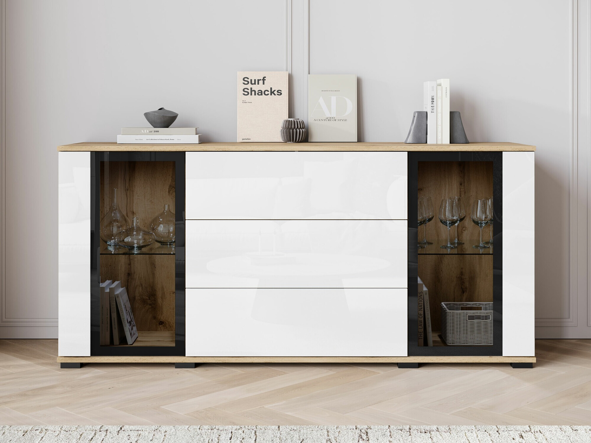 Komoda Torcame 101 (Hrast Wotan + Sjajno bijela)