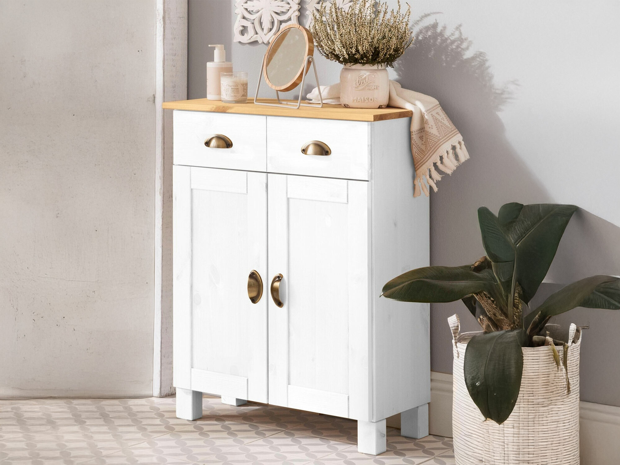 Samostojeći kupaonski ormarić Serelbu 104 (Bijela + Svijetlo smeđa)