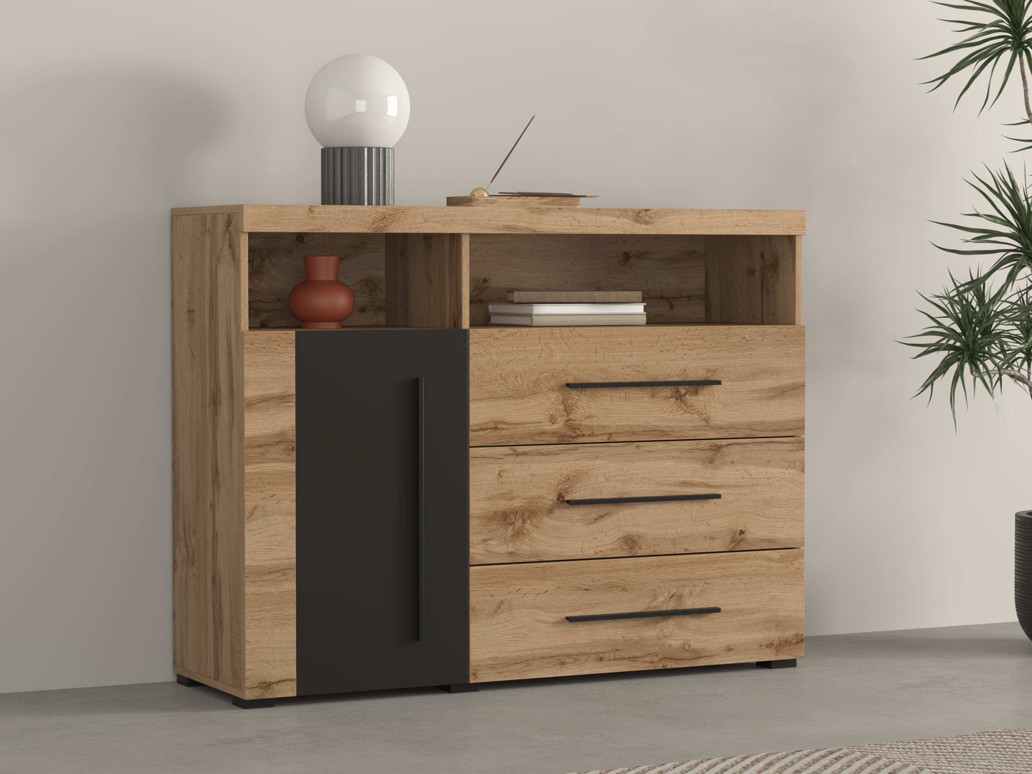 Komoda Sorciro 102 (Crna + Hrast Wotan)