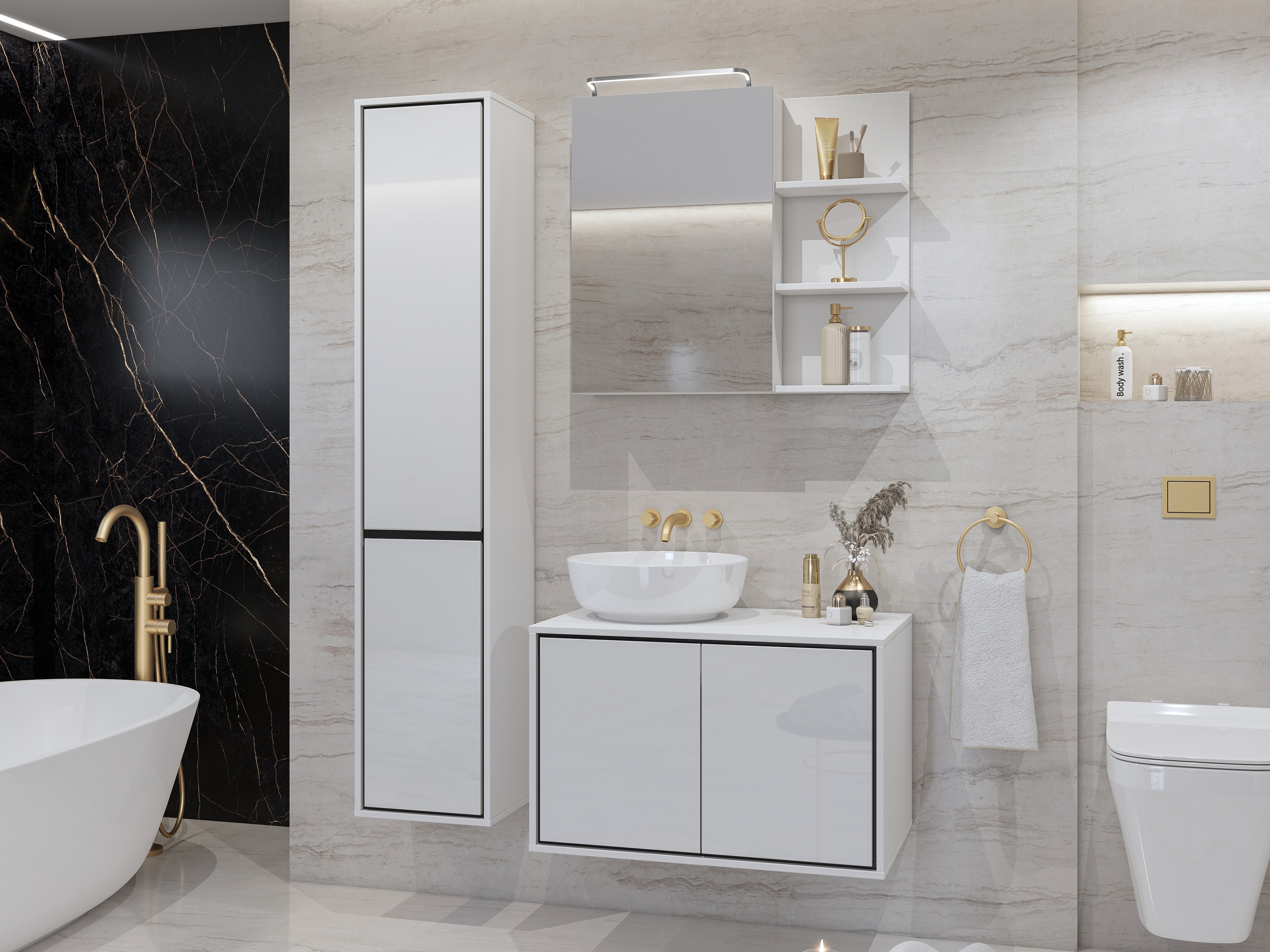 Samostojeći kupaonski ormarić Tecavu 101 (Sjajno bijela + Bijela)