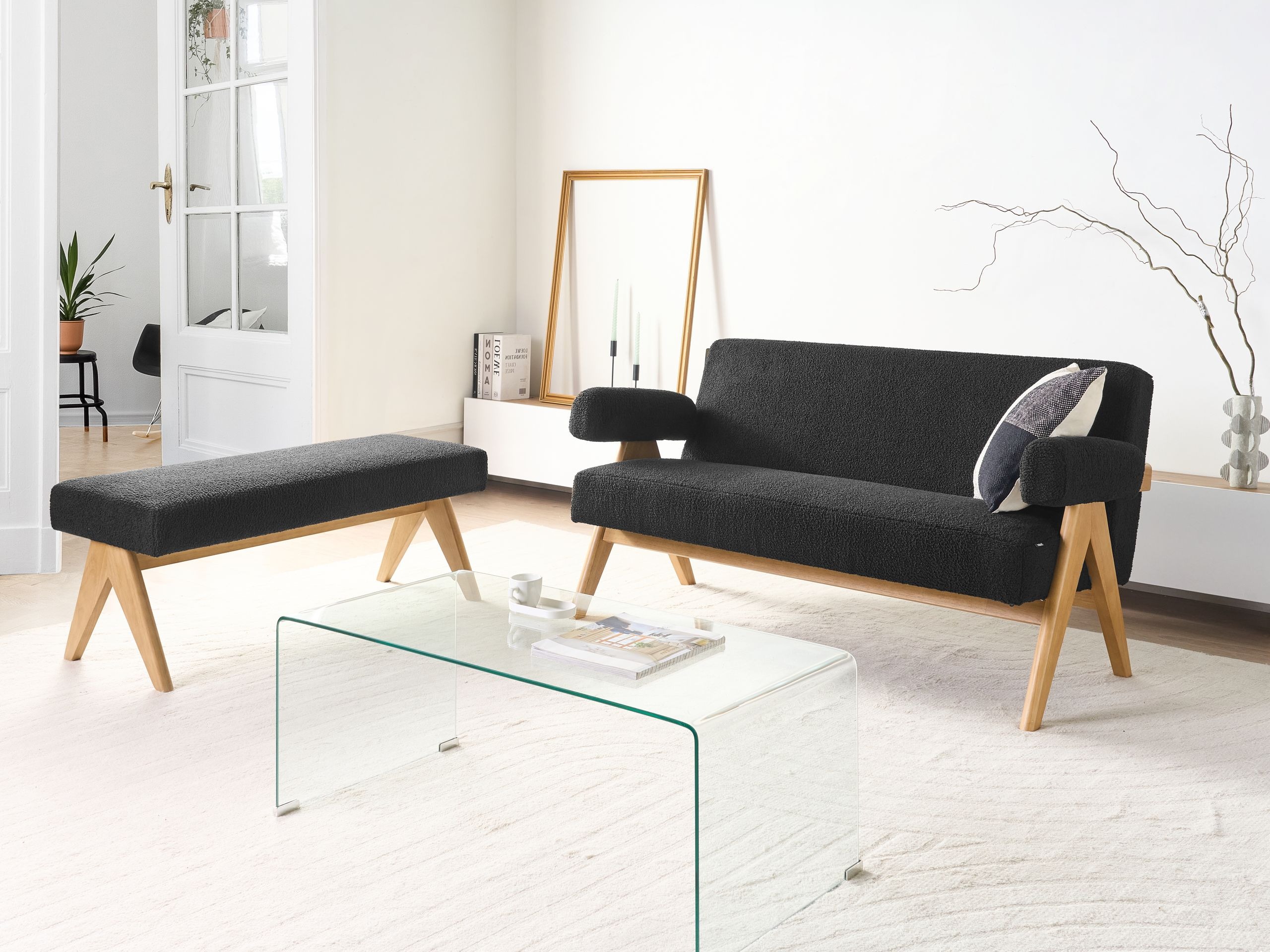 Tapecirana klupa Berwyn 2714 (Crna + Svijetlo drvo)