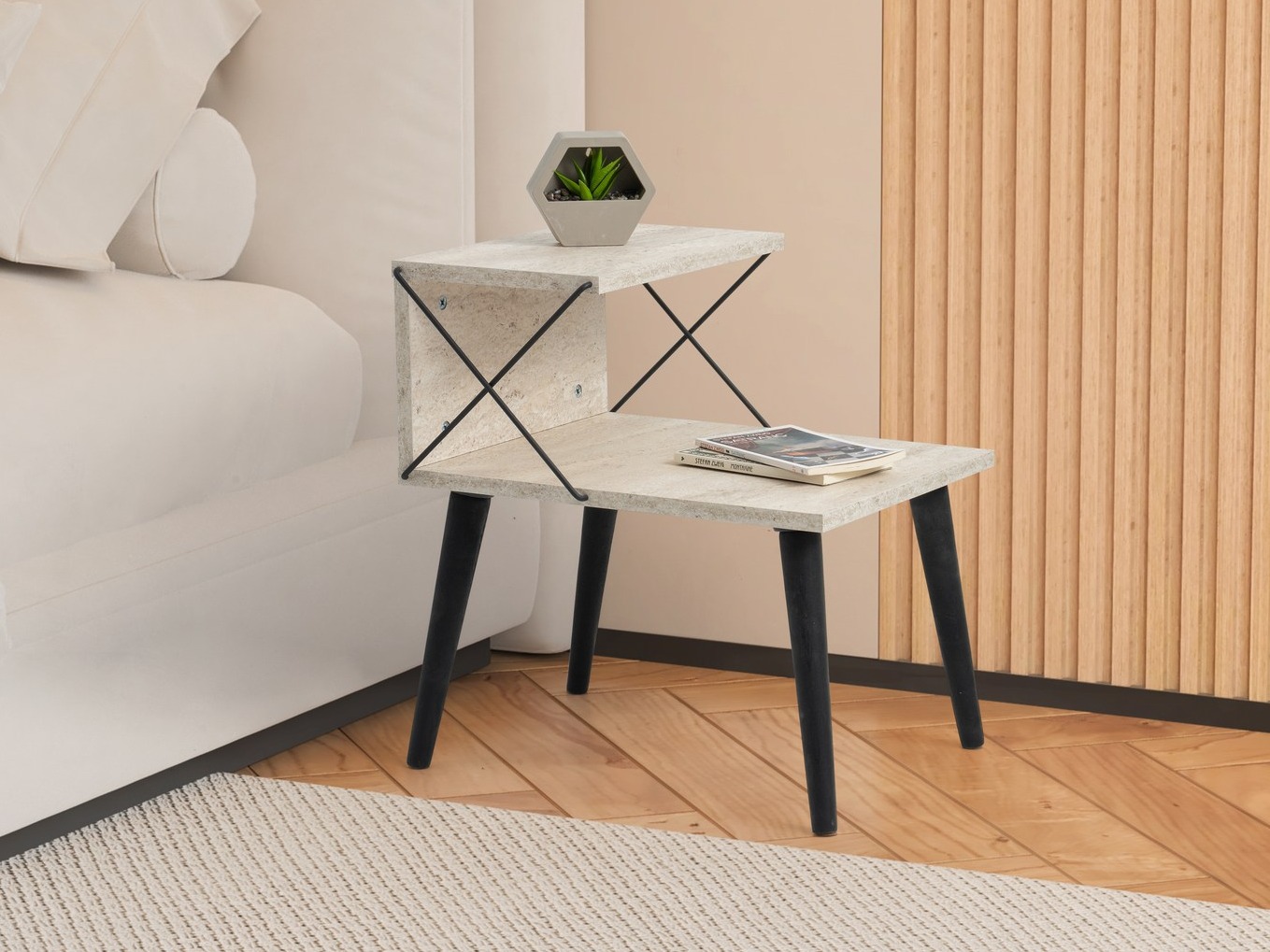 Noćni ormarić Kailua 368 (Svijetli travertin + Crna)