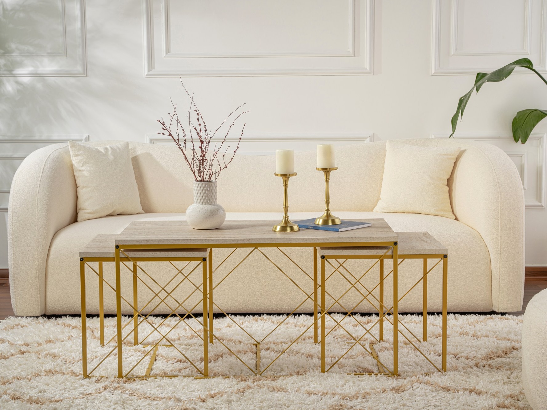 Set stolića za kavu Kailua 2619 (Svijetli travertin + Zlatna)