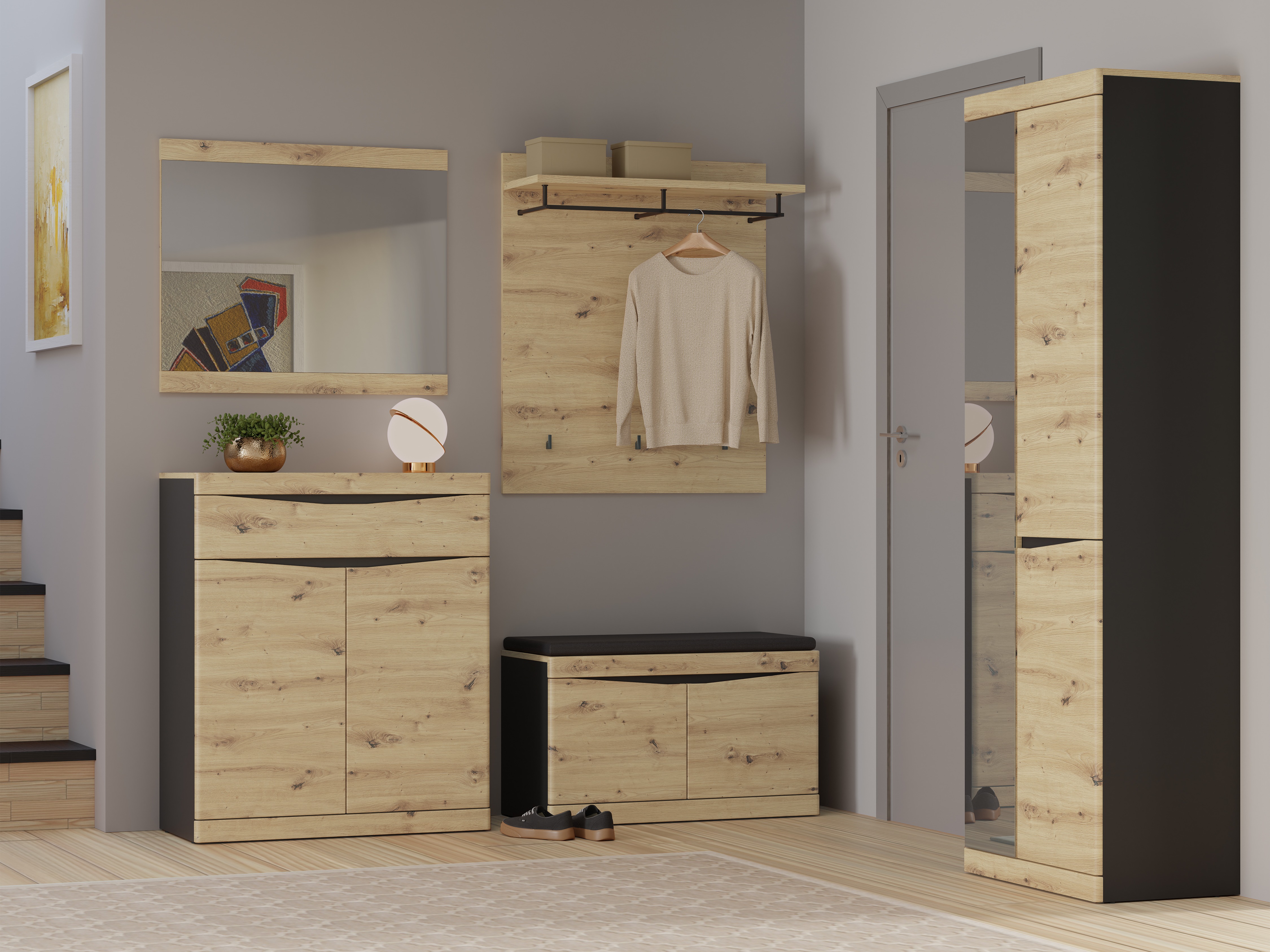 Set za hodnik Venlori 119 (Hrast Artisan + Antracit)