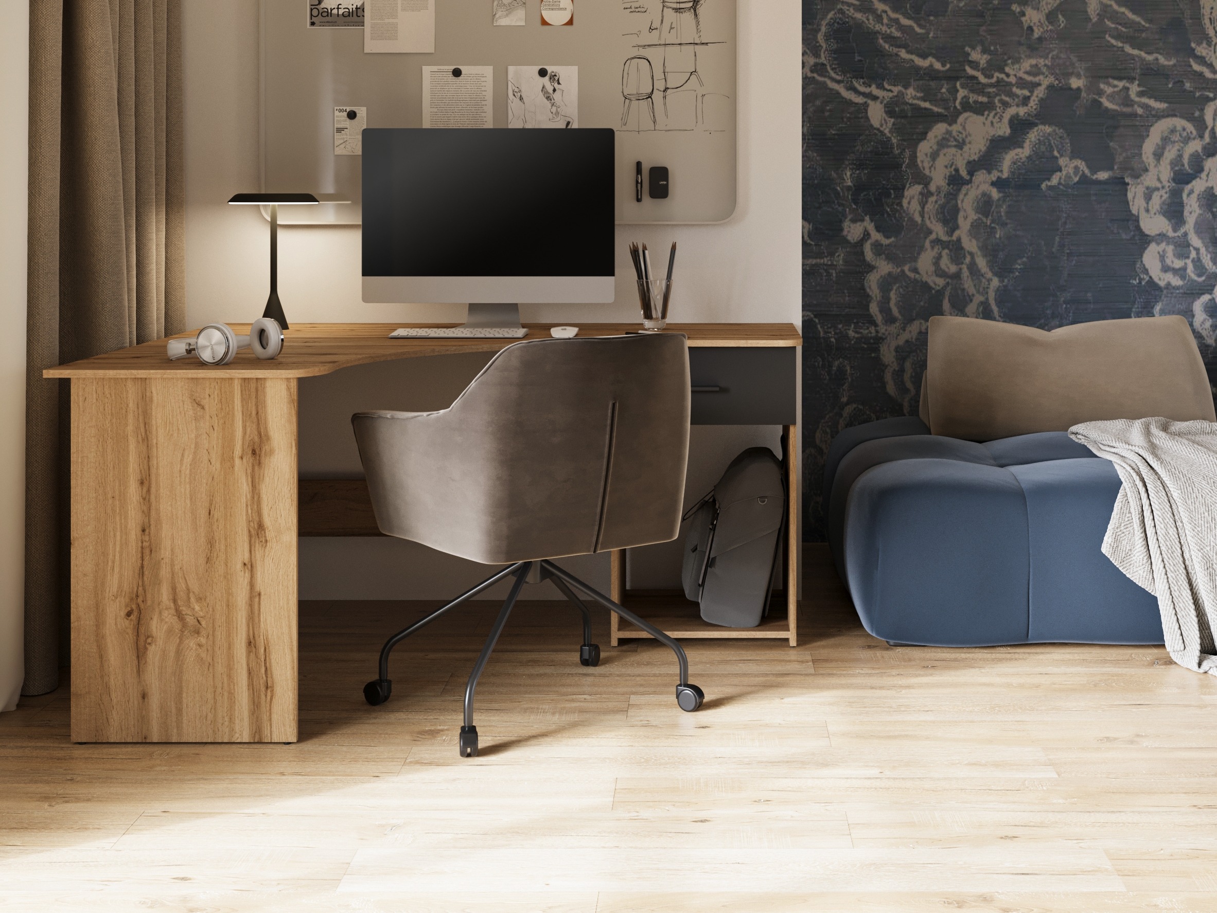 Kutni uredski stol Austin 303 (Hrast Wotan + Crna)