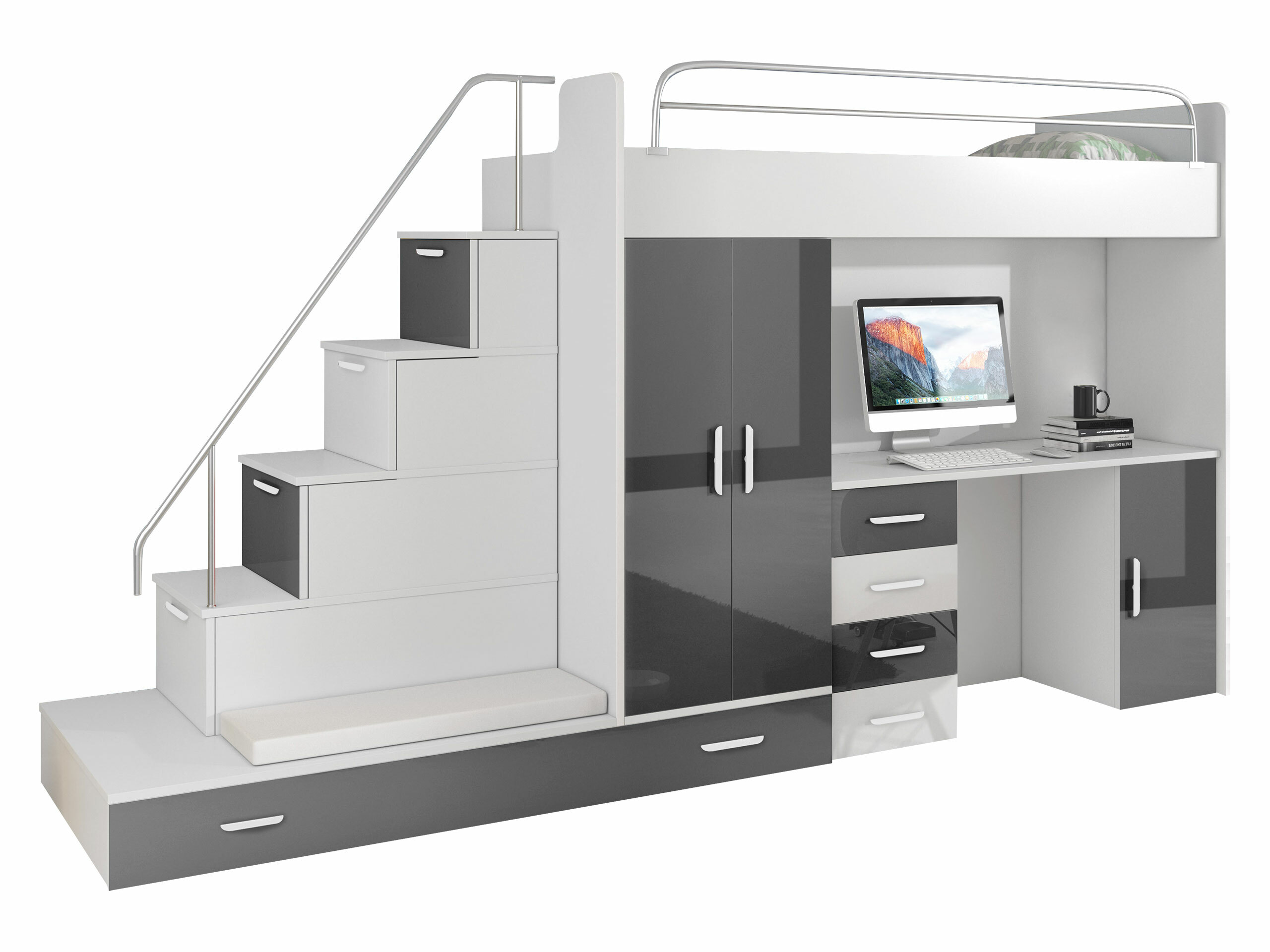 Set za dječju sobu Campus I (Bijela + Sjajno bijela + Sjajno sivo)