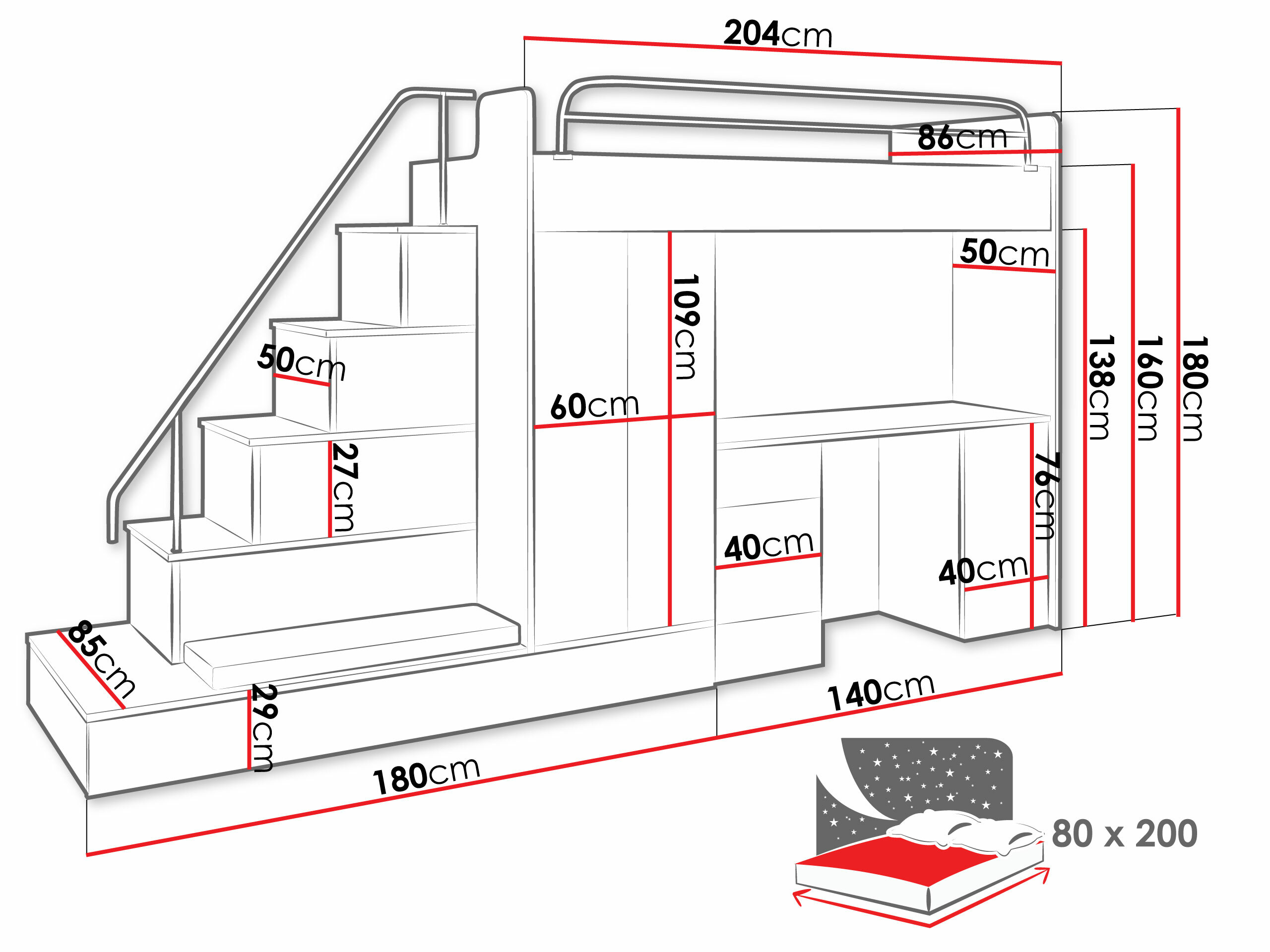 Set za dječju sobu Salmere 100 (Bijela + Sjajno bijela + Sjajno sivo)