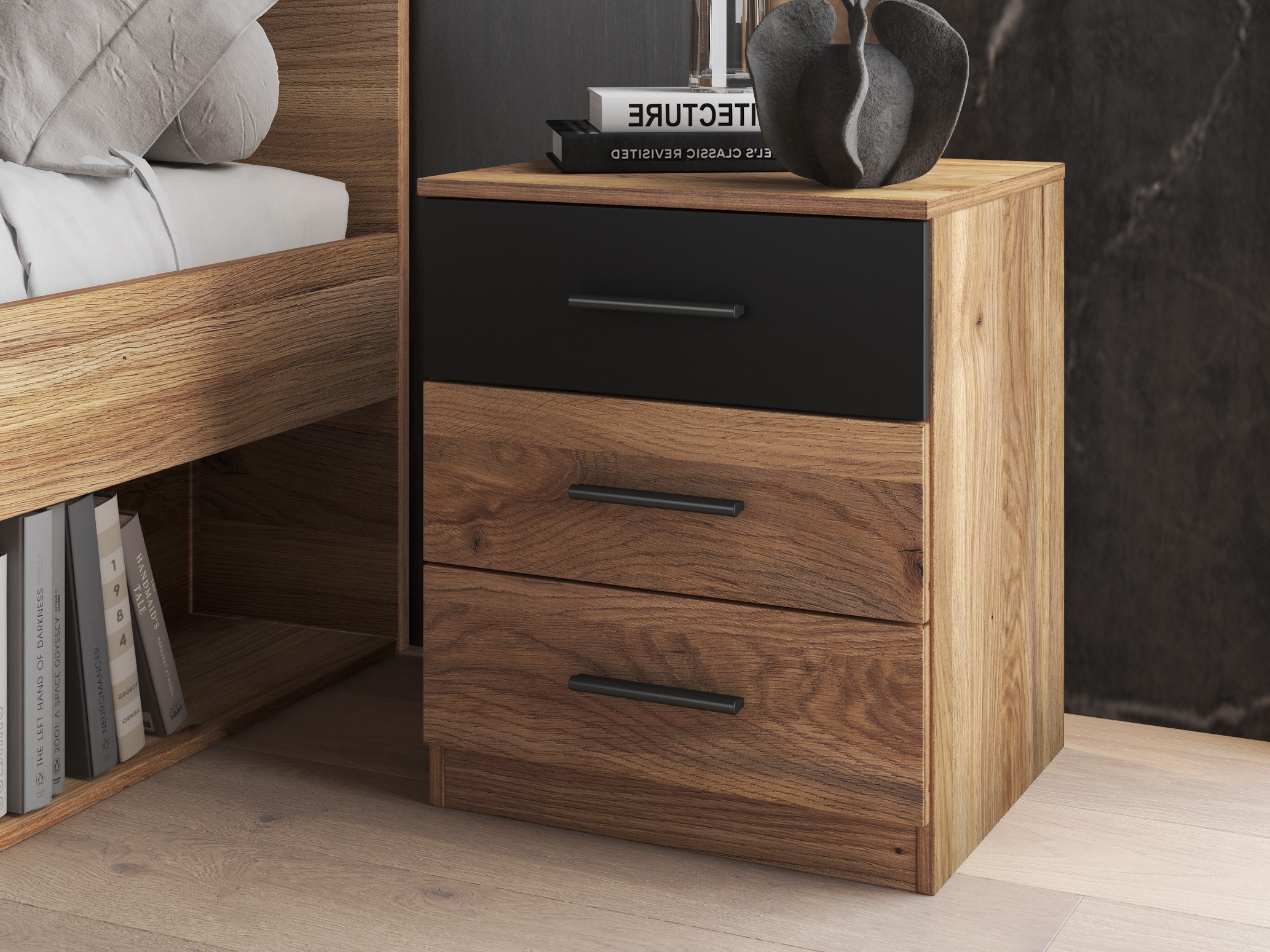 Noćni ormarić Melvele 100 (Hrast + Crna)
