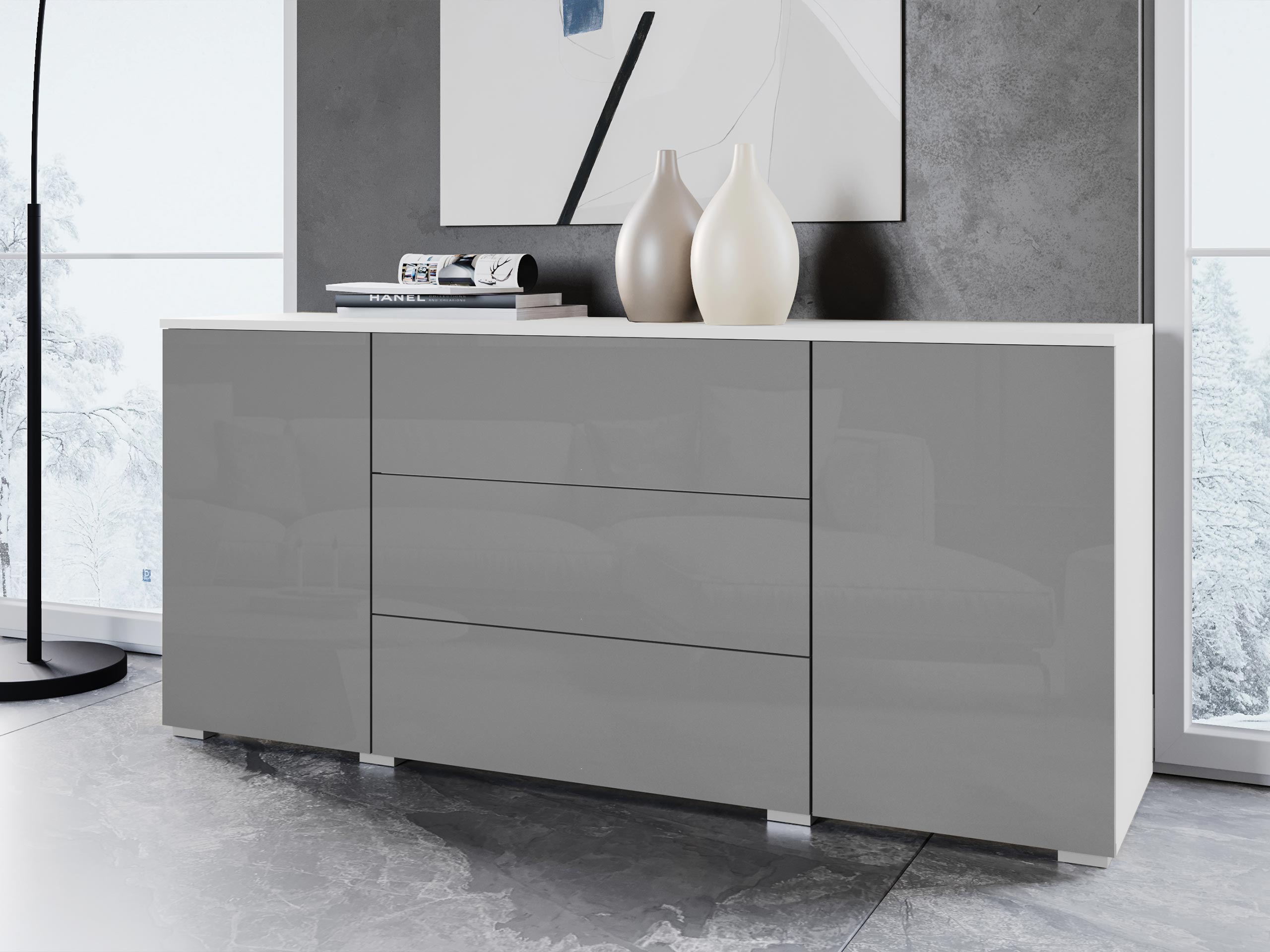 Komoda Sarasota 129 (Bijela + Sjajno siva)