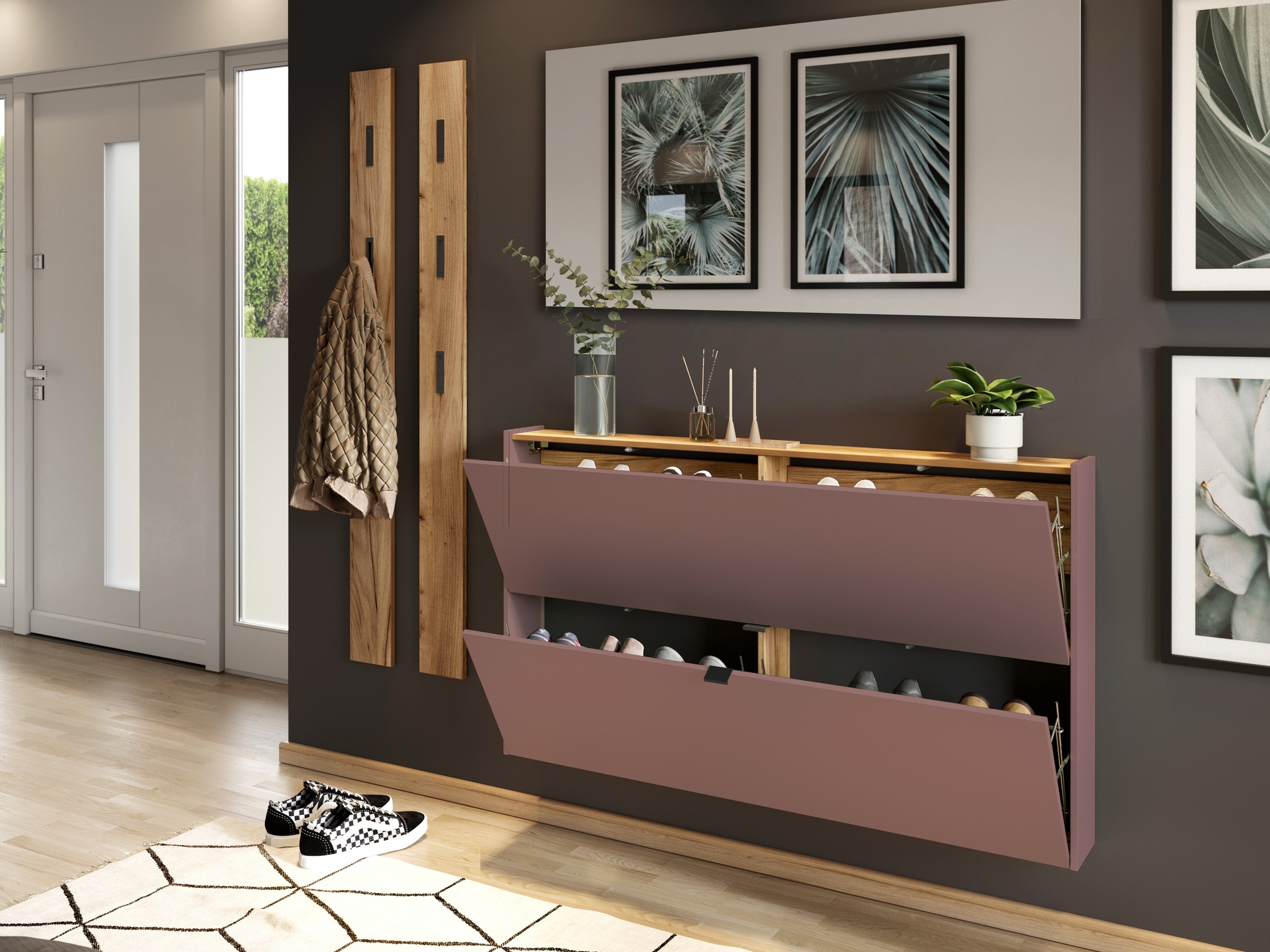 Ormarić za cipele Cirsale 108 (Zagasito ružičasta + Navarra hrast)