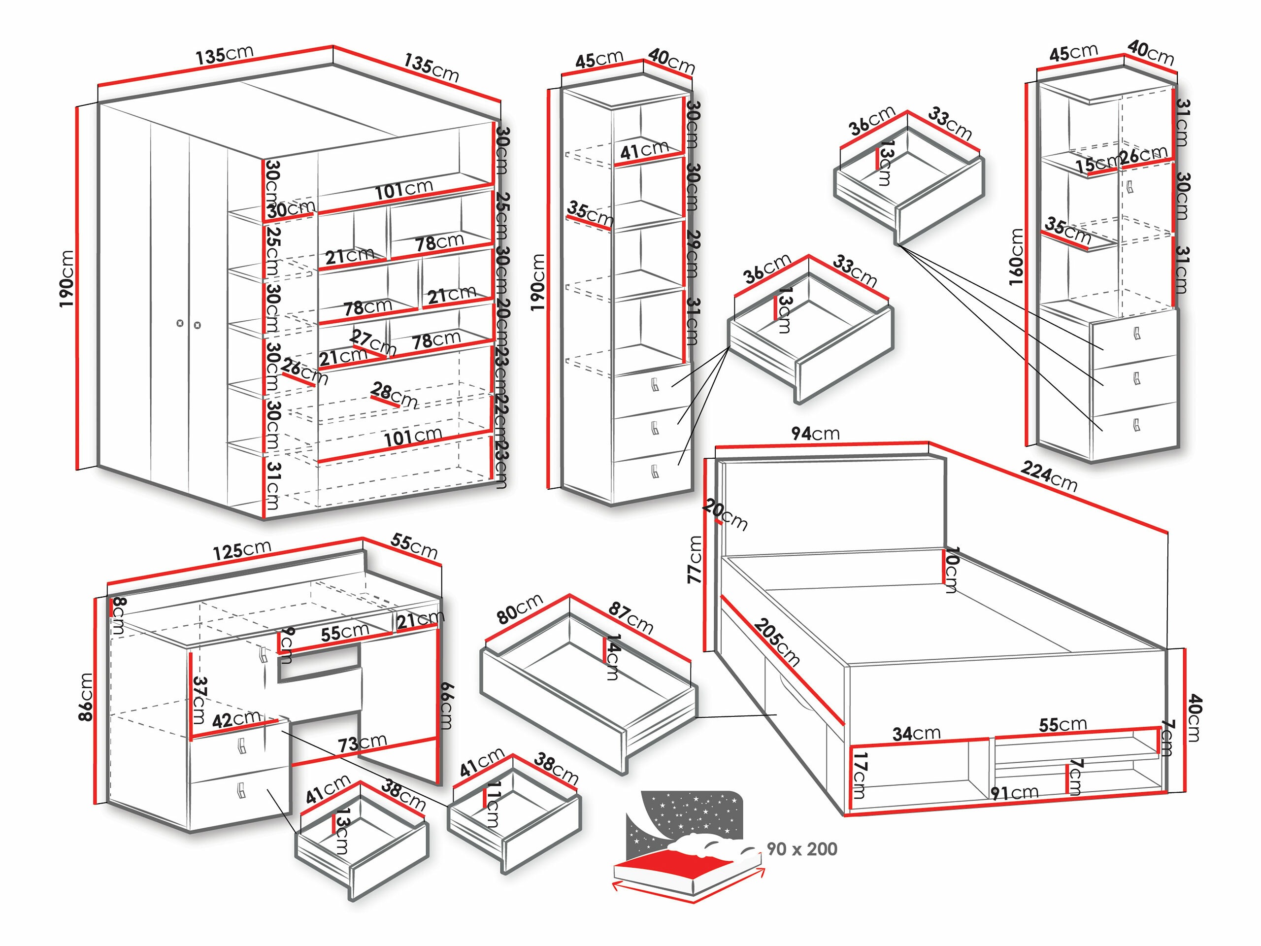 Set za dječju sobu Camteso 115 (Bijela + Hrast + Tirkizna)