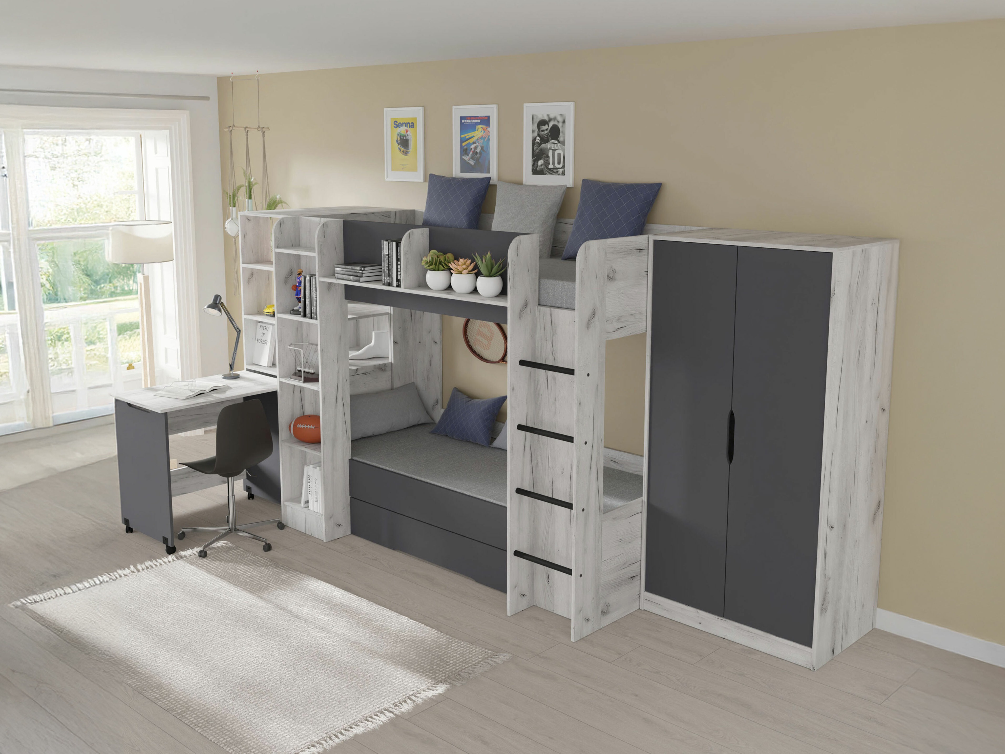 Set za dječju sobu Elitenu 104 (Bijela Craft + Grafit)