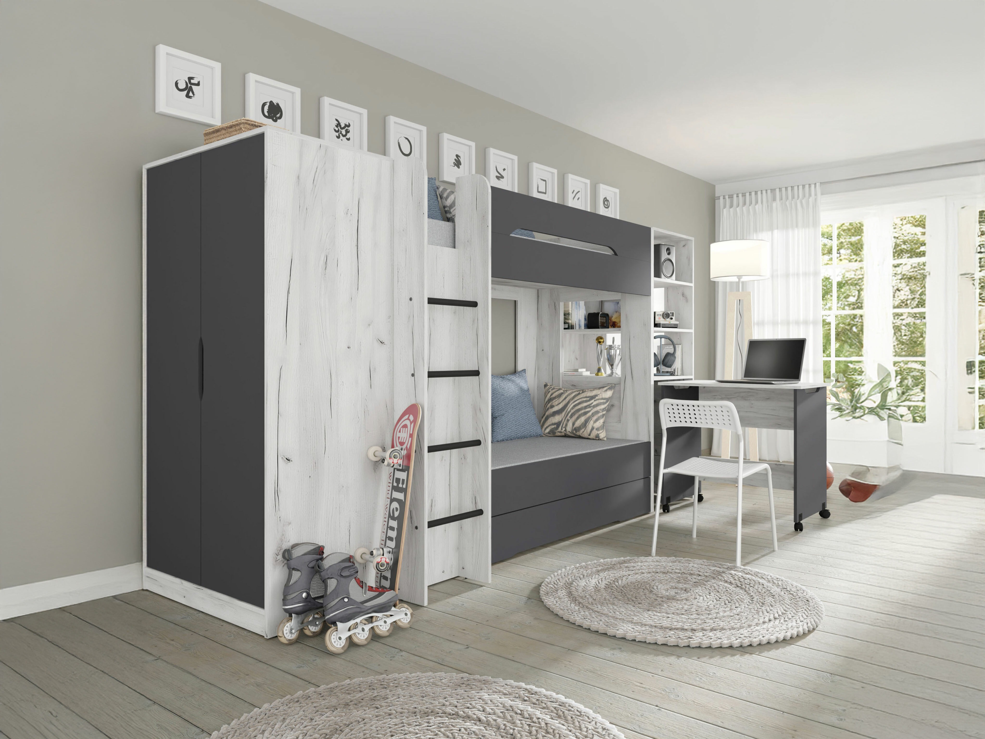 Set za dječju sobu Elitenu 105 (Bijela Craft + Grafit)