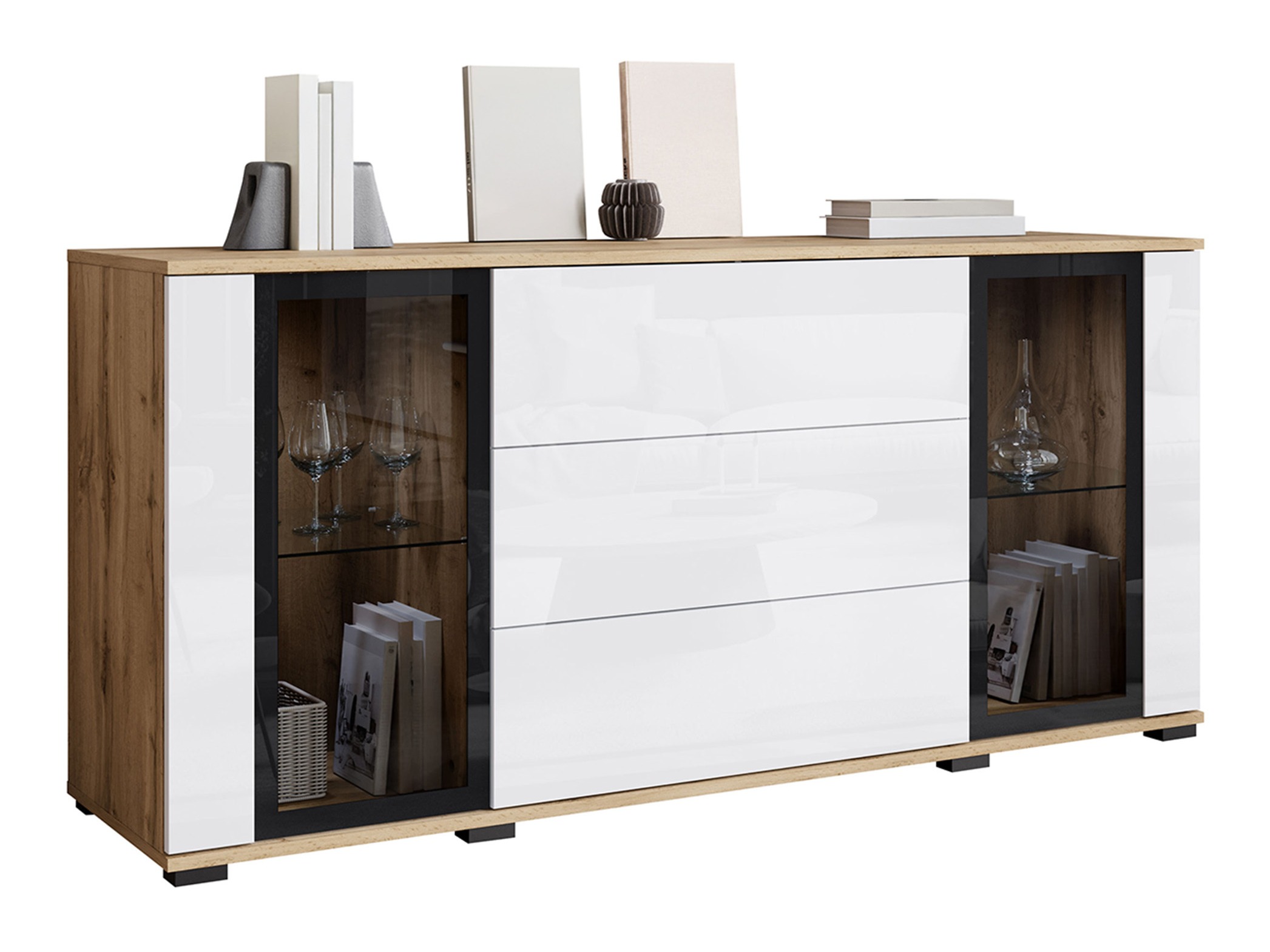 Komoda Torcame 101 (Hrast Wotan + Sjajno bijela)