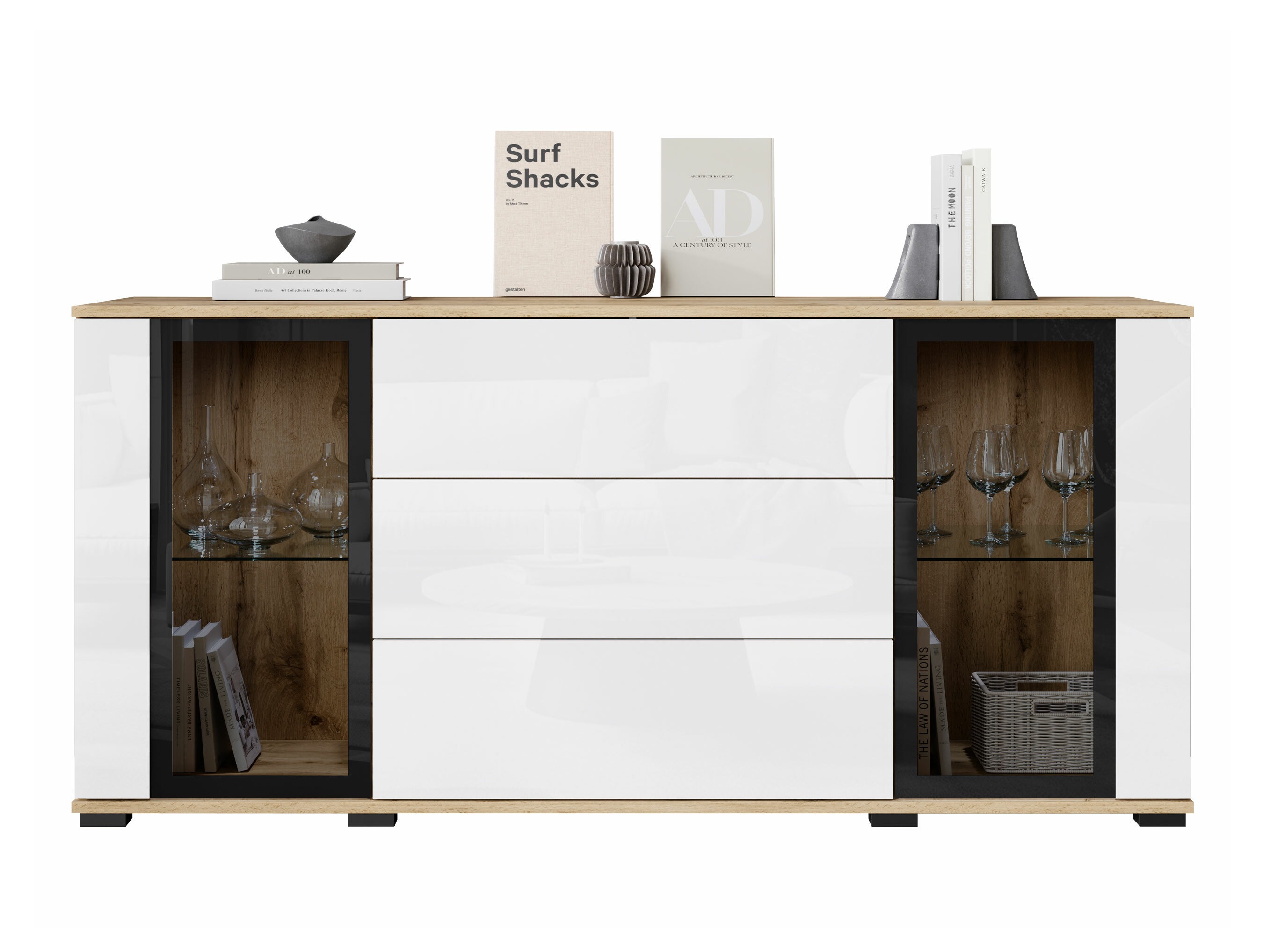 Komoda Torcame 101 (Hrast Wotan + Sjajno bijela)