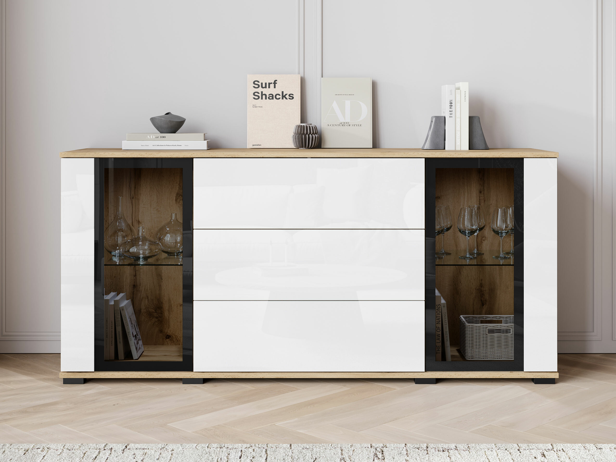 Komoda Torcame 101 (Hrast Wotan + Sjajno bijela)