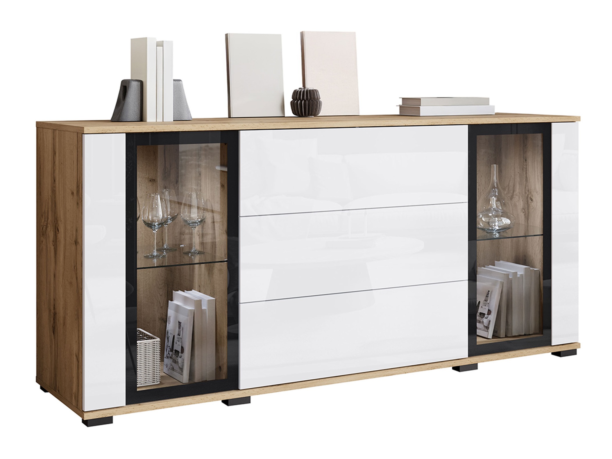 Komoda Torcame 101 (Hrast Wotan + Sjajno bijela)