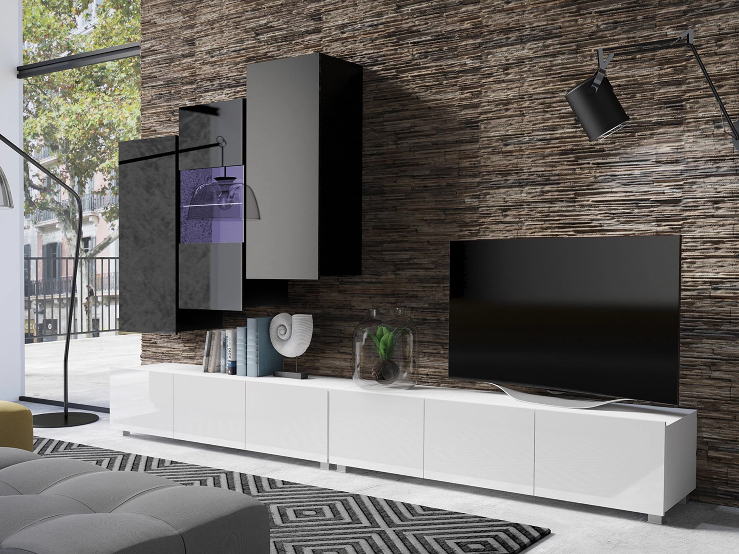 Set za dnevni boravak Remus XVII (Bijela + Sjajno bijela + Crna + Sjajno crna)