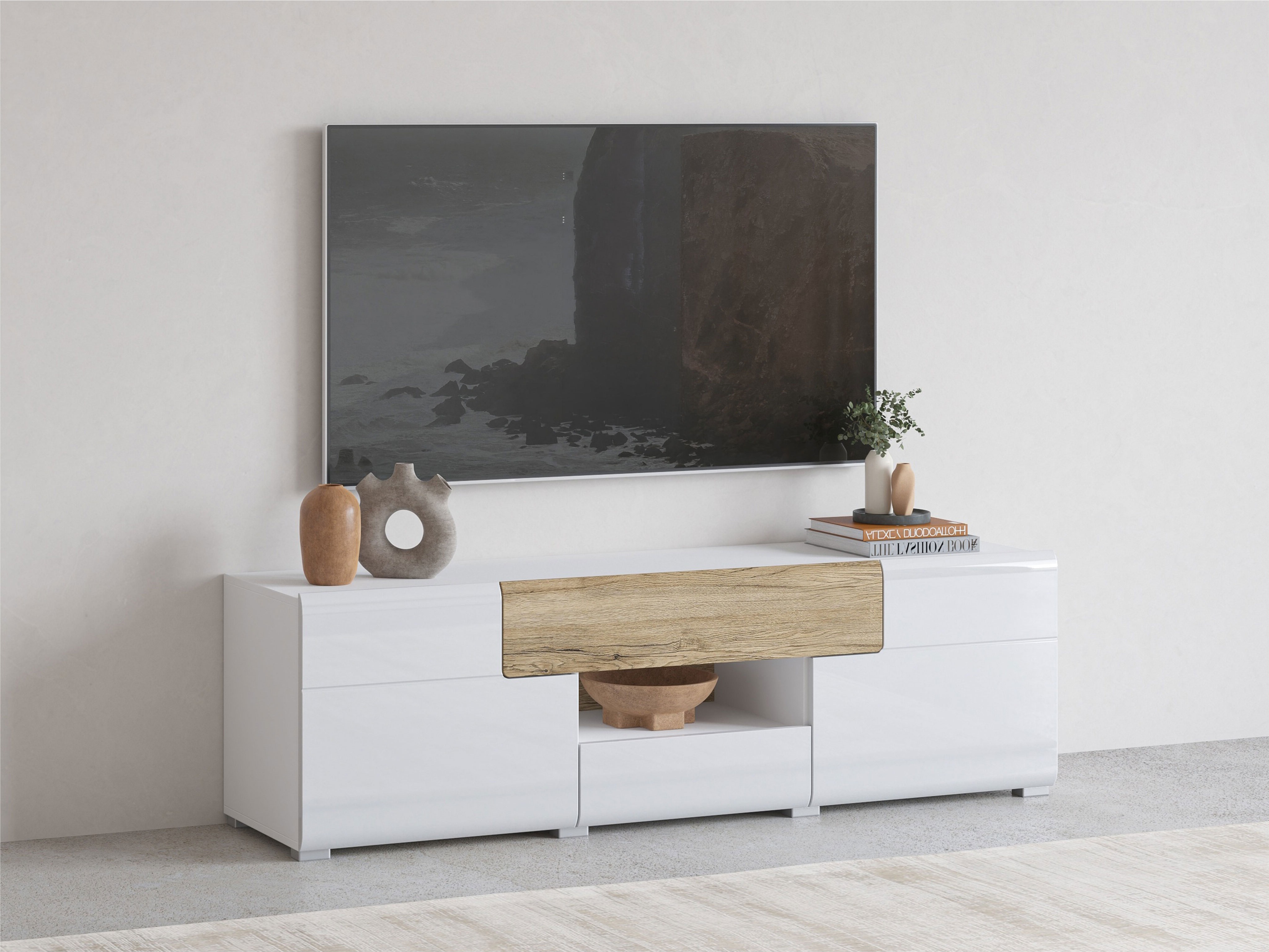 TV stol Torsone 101 (Bijela + Sjajno bijela + Hrast San Remo)