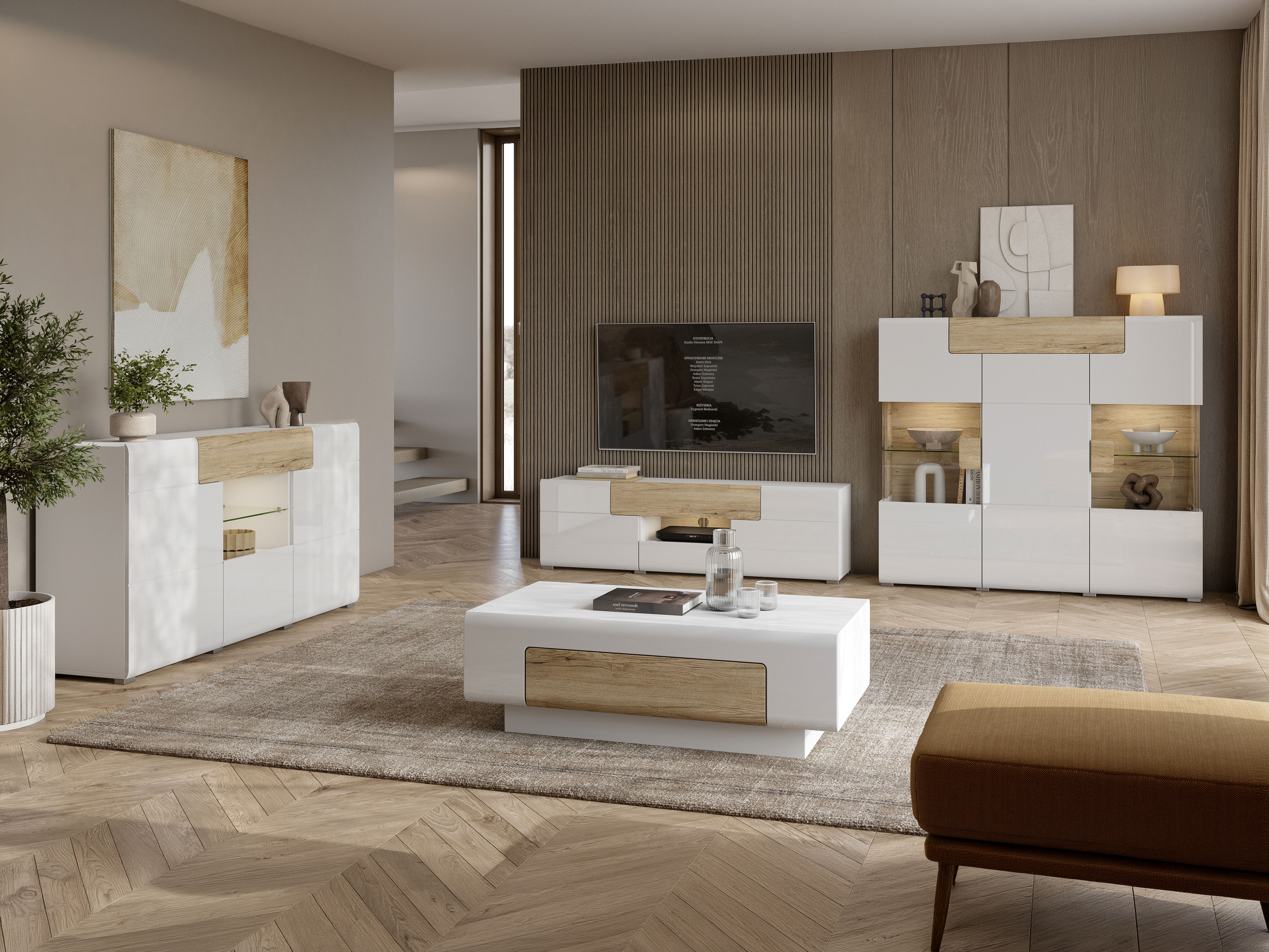 TV stol Torsone 101 (Bijela + Sjajno bijela + Hrast San Remo)