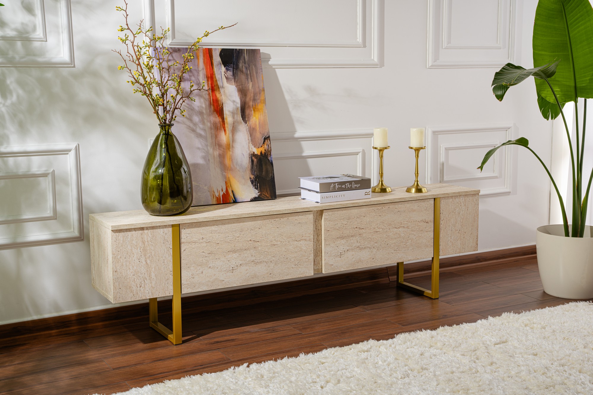TV stol Novato 105 (Svijetla Travertine + Zlatna)