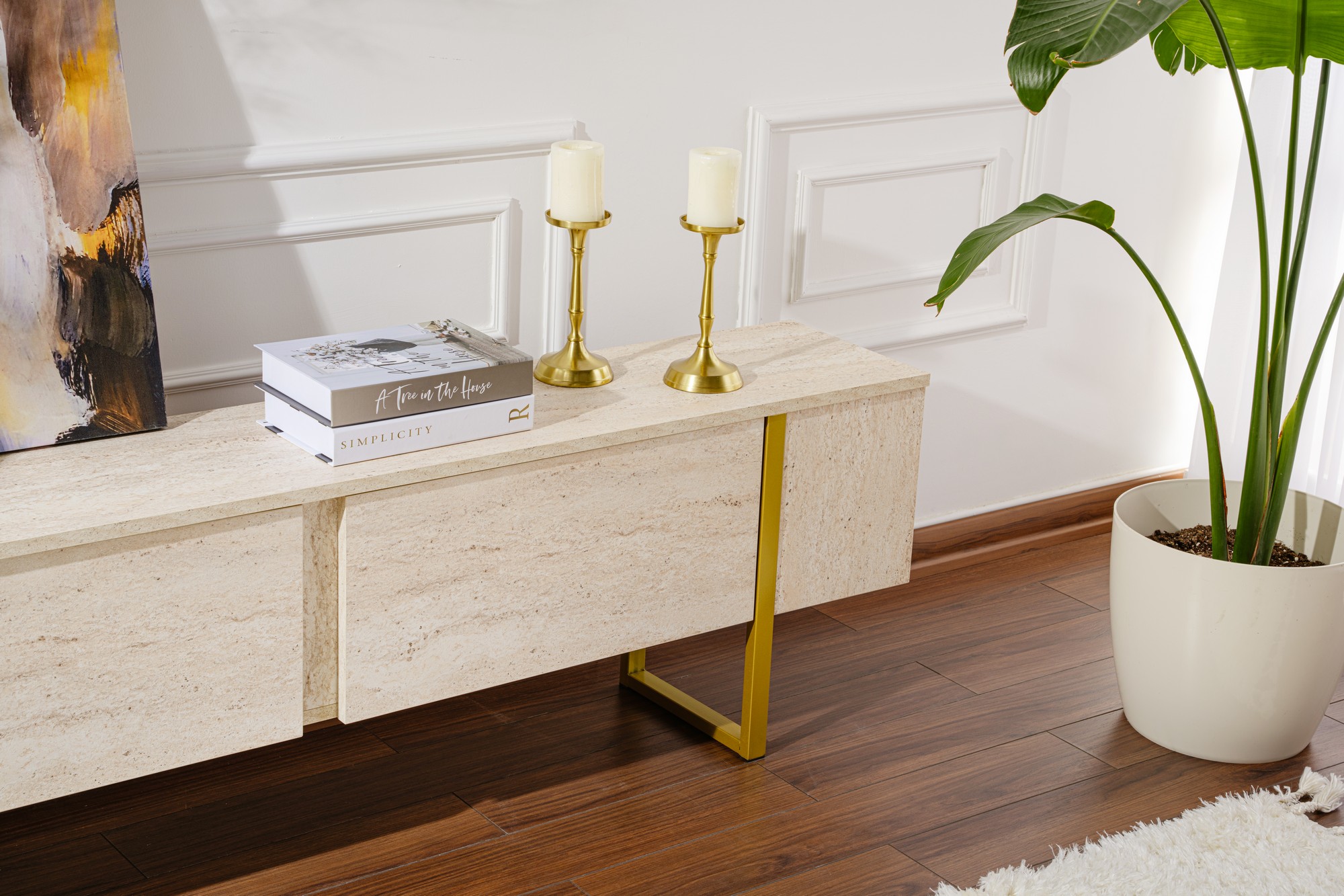 TV stol Novato 105 (Svijetla Travertine + Zlatna)