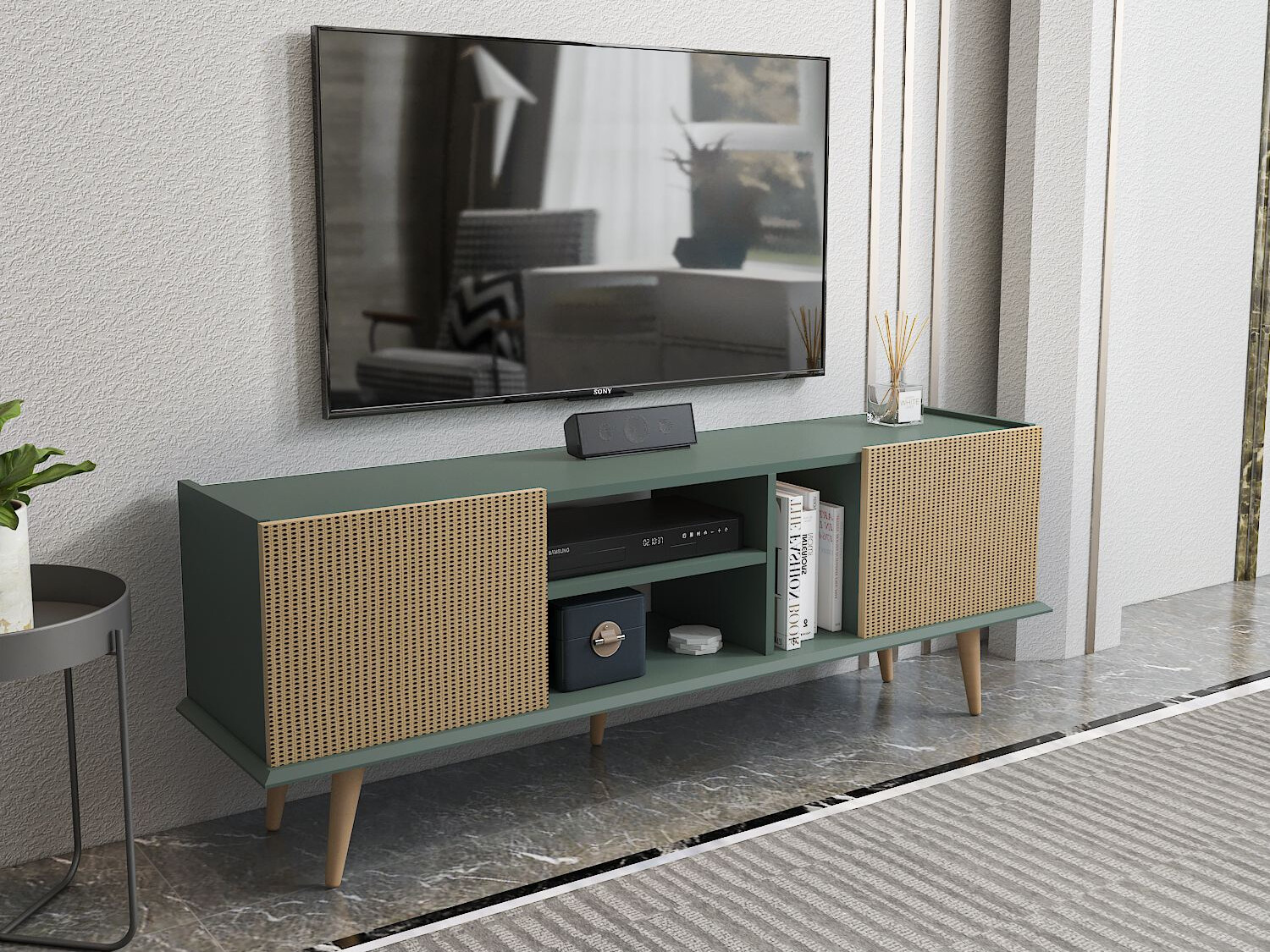 TV stol Asheboro 214 (Zelena + Uzorak ratana)