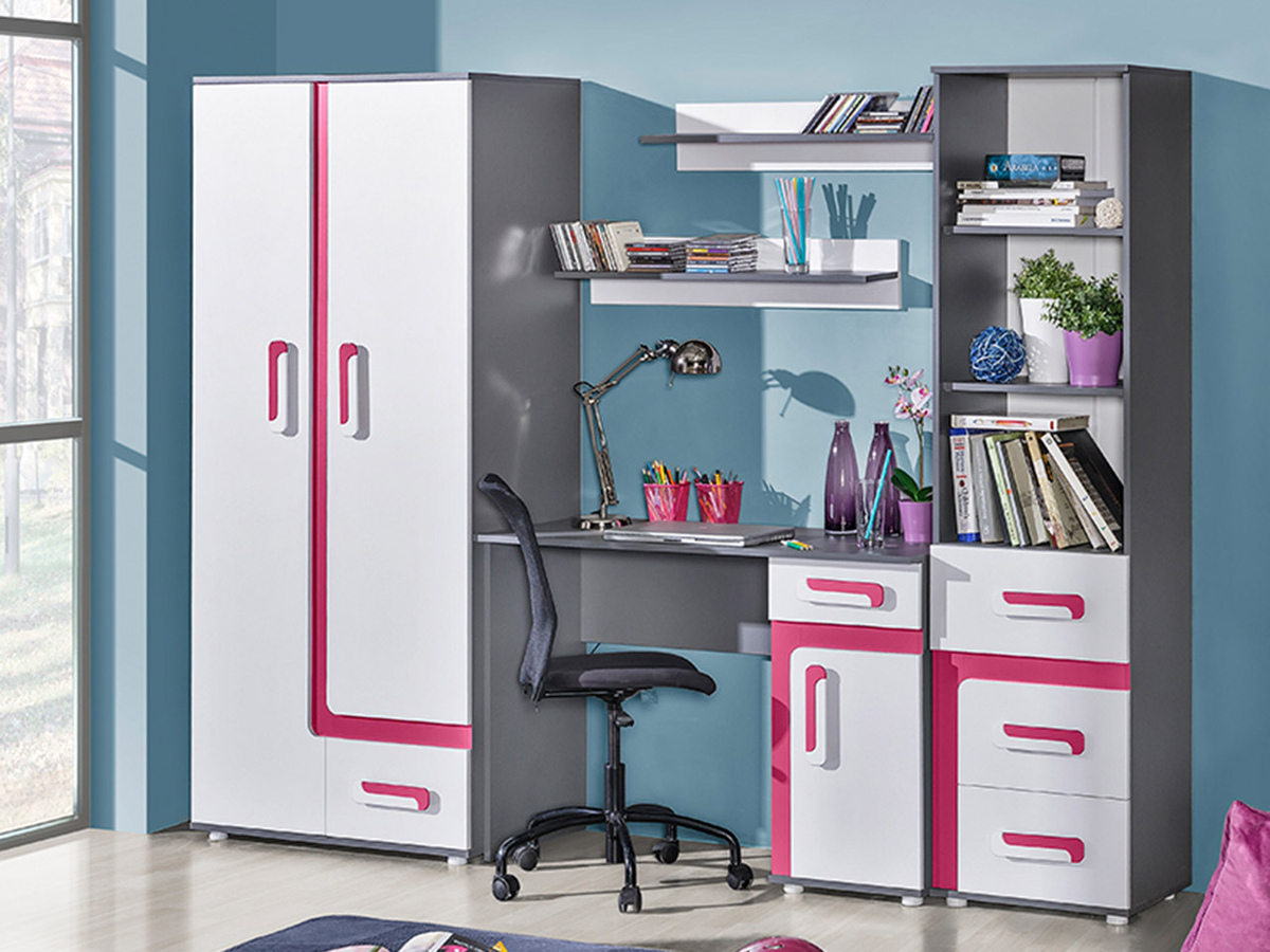 Set za dječju sobu Levtala 116 (Antracit + Bijela + Ružičasta)