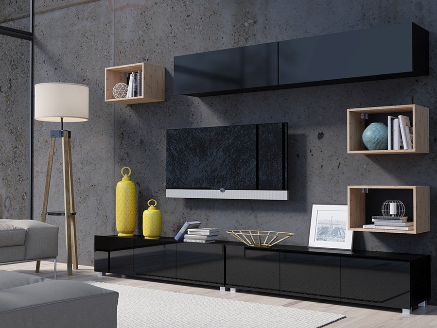 Dnevni boravak Tivdalu 151 (Crna + Sjajno crna + Artisan hrast)