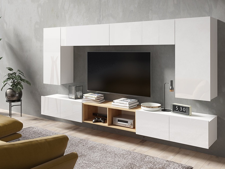 Set za dnevni boravak Remus XXIII (Bijela + Sjajno bijela + Zlatni hrast)