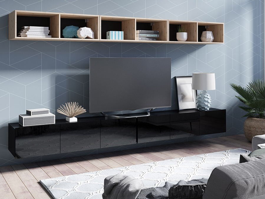 Set za dnevni boravak Remus XXXIII (Crna + Sjajno crna + Hrast Artisan)