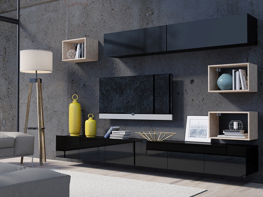 Set za dnevni boravak Tivdalu 151 (Crna + Sjajno crna + Hrast Artisan)